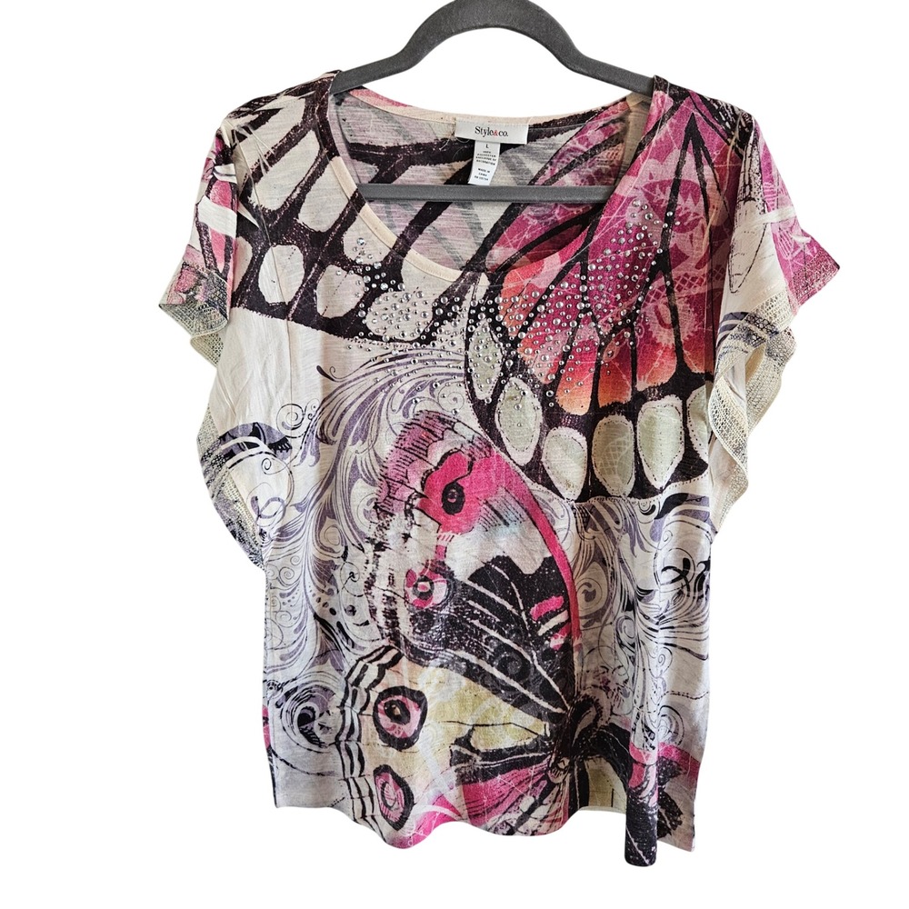 Style & Co Pink Butterfly Graphic Rhinestone Top Women Large Short Sleeve Mesh
